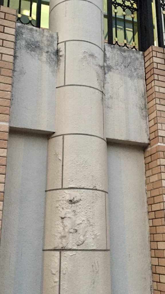 屋苑種植花卉淋水時,水向下層滲入,令屋苑外牆柱位油漆起泡、外牆牆身發黑