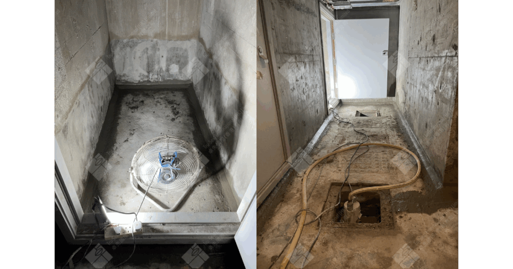 地下室升降機槽𨋢槽地下停車場出現漏水問題頻繁嚴重，使用卓先液─納米滲透型石屎防漏及養護材料維修及重造防水層徹底解決滲漏問題